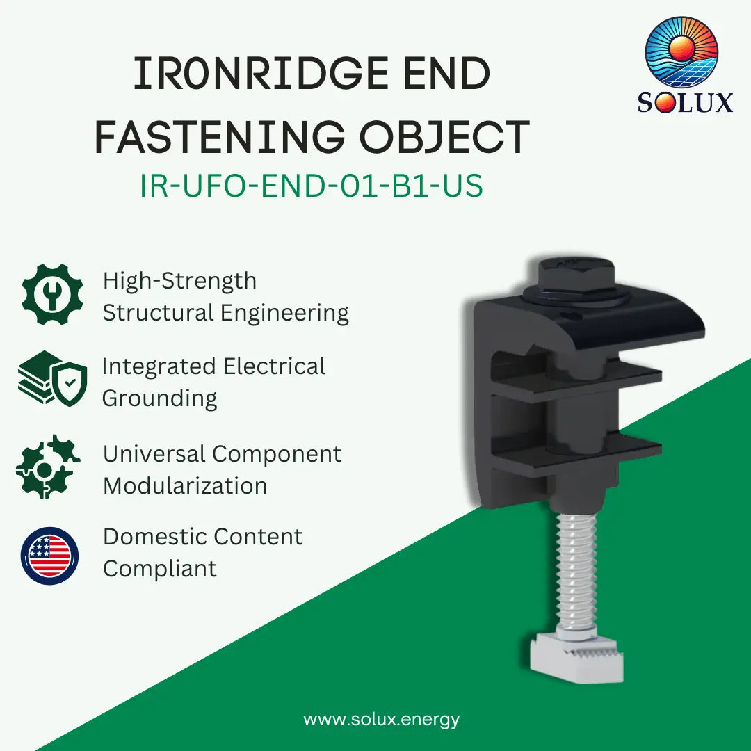 An industrial fastening component labeled 'IRONRIDGE END FASTENING OBJECT' with model text 'IR-UFO-END-01-B1-US' on a light background with green diagonal section. The product is a black bracket-like hardware piece with a threaded metal stem and silver base.